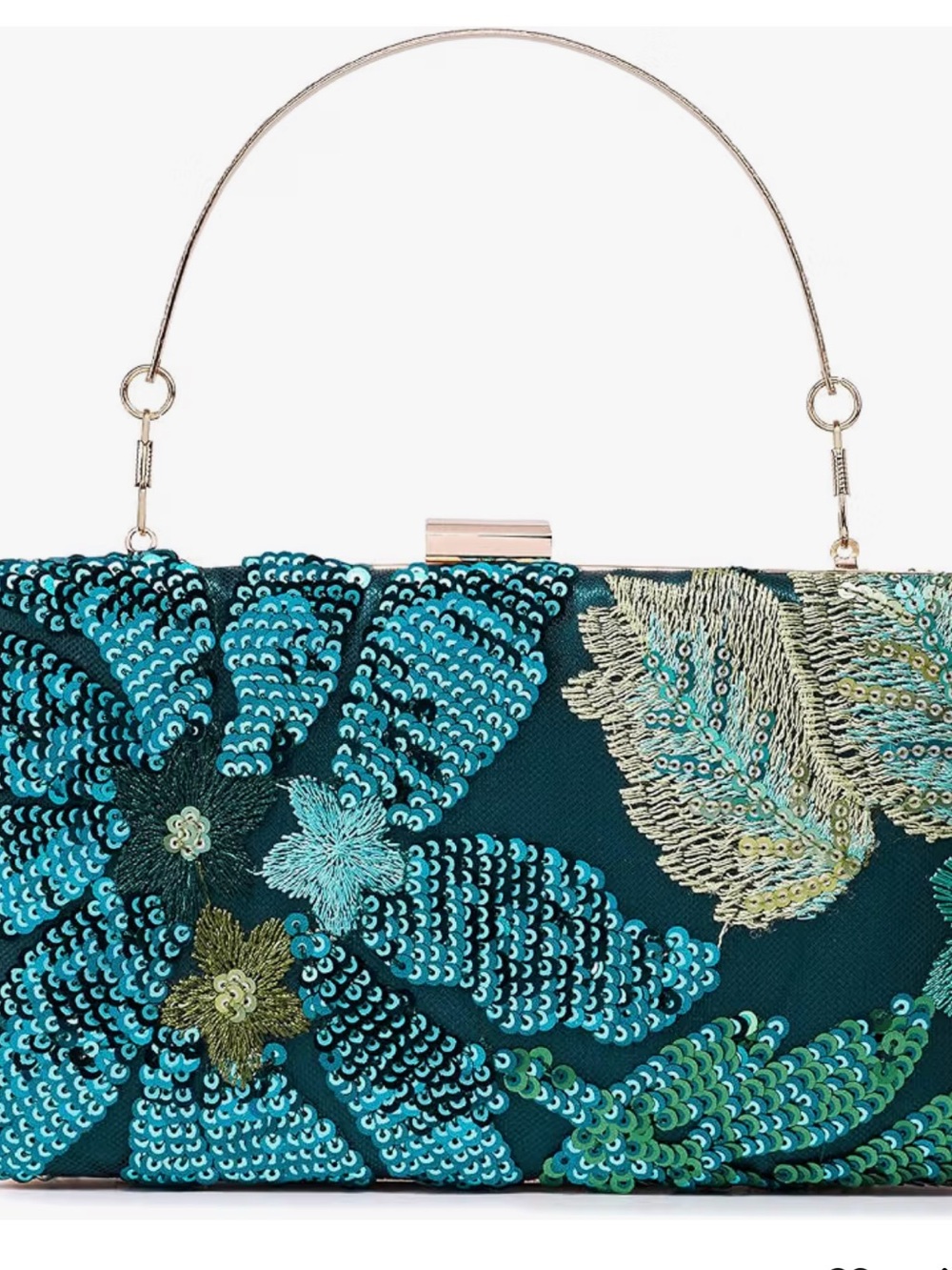 Embellished Teal Sequin Floral Clutch with Handle